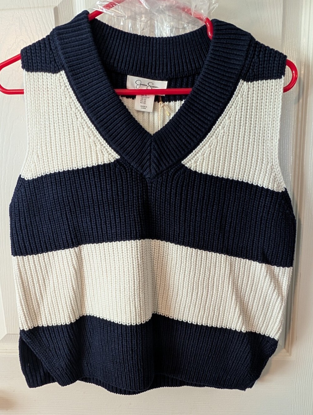 XS Jessica Simpson Navy and White Striped V-Neck Sweater Vest